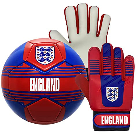 England Official Size 4 Football & Boys Goalkeeper Gloves Junior Gift Set