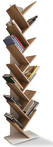 Meble Pitus Bücherregal Weiß 55 cm x 221,8 cm Sonoma-Eiche - Bookshelf für Wohnzimmer, Arbeitszimmer, Flur - Bücherregale, Baum DVD CD Regal, Buchregal in Baumform