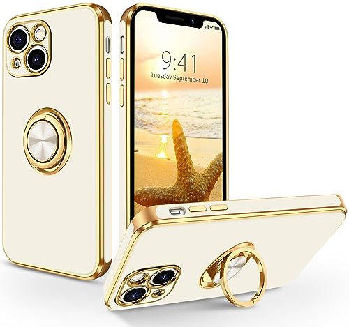 SouliGo iPhone 13 Hülle, iPhone 13 Handyhülle Slim weiche TPU Silikon Case Cover mit 360 Grad Ring Halter Ständer stabil Kratzfest Hülle für iPhone 13 6.1'' Weiß Gold