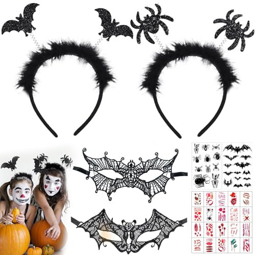 Halloween Fledermaus Haarreifen, 6 Stück Halloween Damen Zubehör, Lace Fledermaus Masken mit Spinne Fledermaus Tattoo und 20 Halloween Narbe Tattoos, Maskerade Spitzenmaske Halloween Kostüm Zubehör