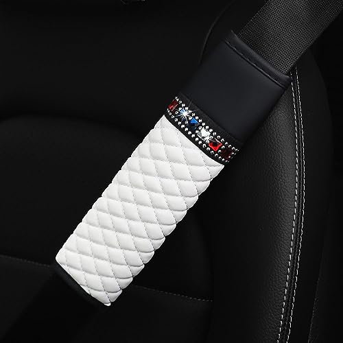 2 Stück Auto Gurtpolster, PU Leder Kristall Glitzer Bling Bling Auto Gurtschutz,Gurtpolster Auto,Polsterung für Sitzgurt im Auto,Gurtkissen Auto Sicherheitsgurt Schulterpolster Schutzkissen,Weiß