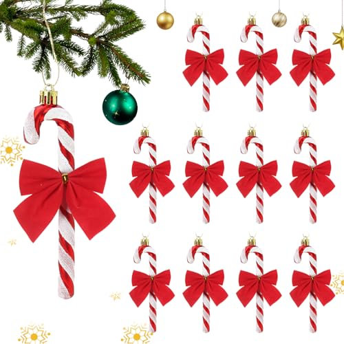 Lyneun 12Pcs Candy Cane Christmas Decorations, Shiny Candy Cane Ornaments and Bow knot, Candy Cane Tree Decorations Hanging Ornaments for Xmas Holiday New Years Home Decor Party Gift (Red)