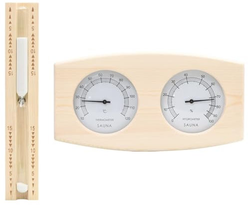 Homgoday 2 in 1 Sauna-Hygrothermograph und Sanduhr Set Massivholz Kiefer 388
