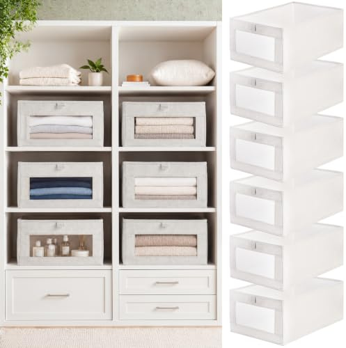 Coloch 6 Pack Wardrobe Clothes Organiser, Collapsible Closet Storage Box Fabric Clothing Organizer Stackable Organizer Basket with Clear Window for Folded Clothes, Jeans,Book, Shelves, Closet, Beige