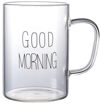 soulnioi Drinking Glass Tall Coffee Mug Clear Glass Cup with Handle for Coffee/Beer/Milk/Tea/Water (Good Moring-Black)