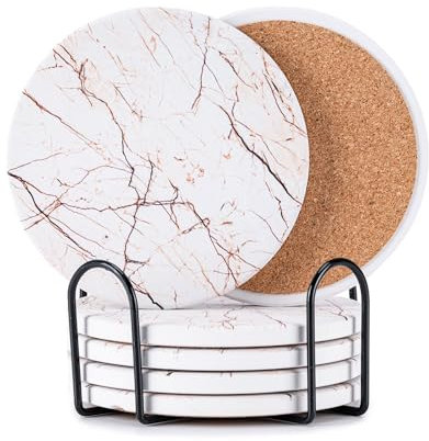 Hoewina Getränkeuntersetzer mit Halter, Marmor-Stil, Keramik-Untersetzer, saugfähig, geeignet für Arten von Tassen, moderner Stil, Untersetzer für Couchtisch, 10,2 cm (natürlich), 6 Stück