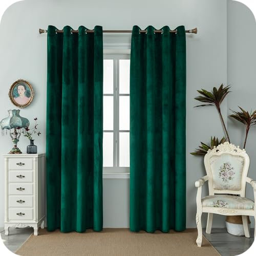 GIRASOLE HOME Paire de rideaux Adélaïde doux occultants thermiques en velours 2 panneaux de 140 x 220 cm avec œillets, vert