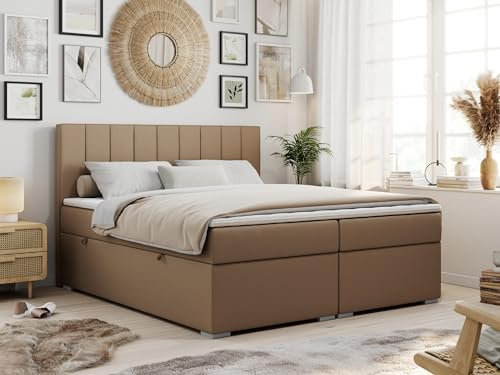 MKS MEBLE Boxspringbett 180x200 mit 2 Bettkästen, Polsterbett 180x200 mit Matratze H3 Topper, Boxspringbett 180x200, Polsterbett 180x200, Bett 180x200 mit Kopfteil - Braun Kunstleder - H3 - Ally