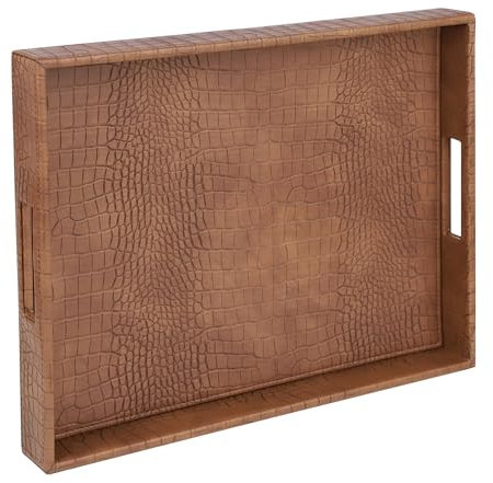 HofferRuffer Rectangle Serving Tray with Hole Handles for Coffee Table, Breakfast, Tea, Food, Butler - Countertop, Kitchen, Vanity Serve Tray, 16.2 x 12.2 x 2 inches, Faux Leather (Antique Brown)