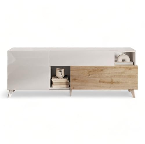 Web Convenienza Base TV con Ante e 2 Cassetti Made in Italy – Credenza Contenitore Collezione Riviera per Soggiorno Cucina Ingresso Sala Mobile Design moderno (Bianco lucido/Kadiz, 180 cm)