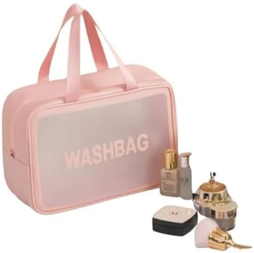 HealthyMoov Trousse de Toilette Pochette Maquillage cosmétiques parfums Vanity Case Sac de Voyage Accessoire de beauté Rangement Salle de Bains Transparent étanche Waterproof (Rose L 1pc)
