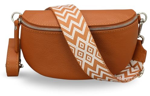 ADEL Bauchtasche Damen Echtleder Emma Silber Handgemachte Umhängetasche Crossbody Bag mit Optionalen Breiten Gemusterten Riemen Stylische Hüfttasche Made in Italy (Cognac Braun-Silber 3, Medium)
