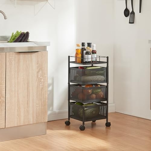 [en.casa] Rollwagen Sunndal mit 3 Ebenen mehrlagiges Küchenregal mit Rädern Servierwagen aus Stahl ausklappbare Körbe Regal für Küche, Bad 64,5x27x27cm Schwarz