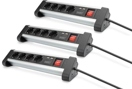 DIGITUS Base de Enchufe Múltiple Con USB - 3 Piezas - 2x Puerto USB-A - 4x Bases de Enchufe Con Contacto de Puesta a Tierra - Con Interruptor - Para Montaje en Escritorio y Pared