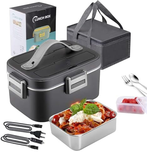 Fiambrera eléctrica - Calentador de comida rápido de 75 vatios - Calentador de comida portátil 12V/24V/110-220V para coche/camión/oficina (negro+gris)