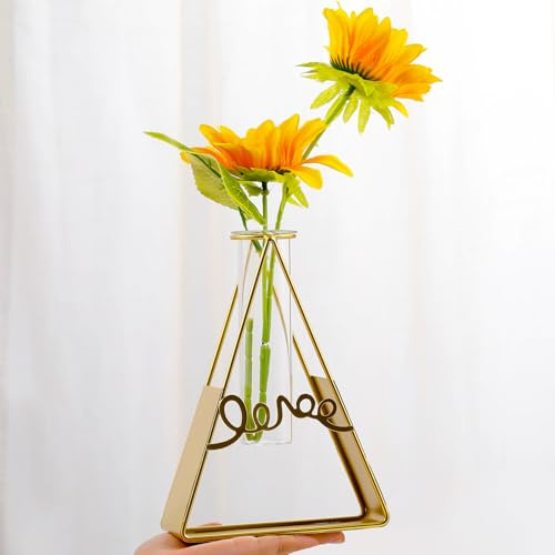 Glass Test Tube Vases for Flowers with Metal Frame Artistic Decoration for Window Sill, Gold Bud Vases for Wedding Birthday Party, Plants Holder Modern Ornament for Table Centerpiece