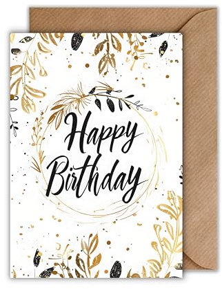 WBdesignz Happy Birthday Karte mit Umschlag - Florale Geburtstagskarte Gold Weiß Glückwunschkarte zum Geburtstag (DIN A6)