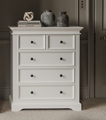 Gainsborough White Chest of Drawers, 2 Over 3 | Assembled Bedroom Furniture, Hampton Style, 90cm W x 105cm H x 42.5cm D | Metal or Crystal Handles (Metal-Handles)