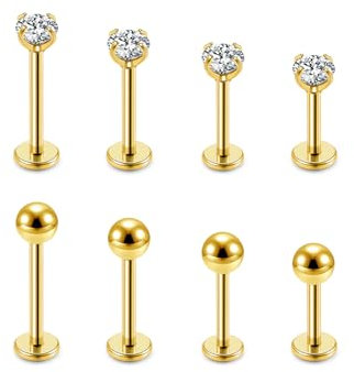 JSDDE 8pcs Stainless Steel Labret Lip Stud Tragus Helix Cartilage Rhinestone Lip Studs Nose Stud Earrings Piercing Jewelry 6-12mm Gold