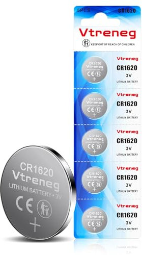 Vtreneg 5 Pack CR1620 Battery, 1620 3V Lithium Battery for Key Fob Airtag Watch Car Remote Door Sensor 3 Volt Button Coin Cell Batteries