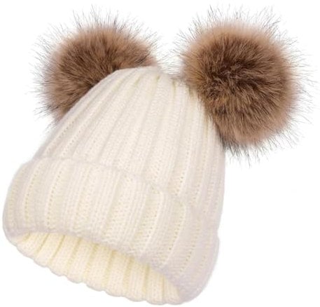 SERENYOU Kinder Wintermütze Mütze Double Pom Pom Kleinkind Jungen Mädchen warm gestrickt Bommelmütze Weiß