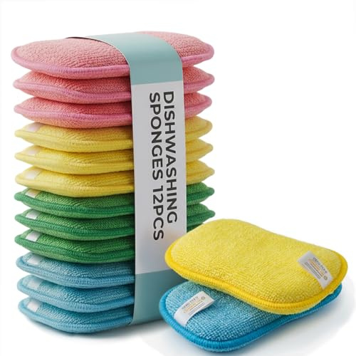 12er Set Spülschwamm waschbar & wiederverwendbar - Kratzfreier Küchenschwamm mit Mikrofaser, extra saugstark | Putzschwamm für Küche & Bad | Scheuerschwamm gegen hartnäckigen Schmutz | Topfreiniger