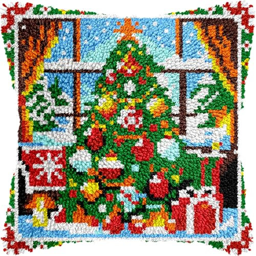 veirousa Christmas Tree Window Latch Hook Kits for Adults Kids, Beginners DIY Latch Hook Pillow Kit Pre-Printed Latch Hook Rug Kits Cross-Stitch Embroidery Cushion for Home Sofa Decoration 17x17 in.