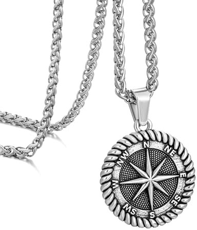 murtoo Kette Herren, Halskette mit Kompass Anhänger für Herren, Vintage Silber Münze Anhänger Weizenkette für Herren Damen, Edelstahl Halskette Geschenk für Herren Damen 55cm