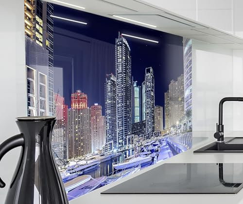timalo Spritzschutz Wand für Herd, Küche Küchenrückwand Glasoptik | Acryl Glas 2mm | Glasrückwand Acrylglas Wandpaneele Rückwandschutz Platte | 80x50cm Dubai Stadt Nacht