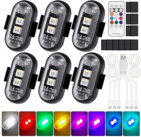 GIBOHOM 6 Pezzi Luci Stroboscopiche Drone LED, 8 Colori Impermeabili Luci Anticollisione Senza Fili con Telecomando, Ricaricabili USB Strobe Drone Light per Motocicletta, Automobile, Bicicletta