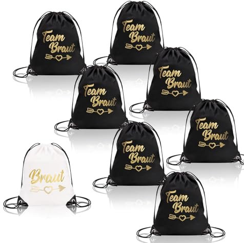 WDFCN 8 Stück turnbeutel team braut jga beutel set team bride beutel set mit Kordelzug Weiß Bride Rucksack 7 Schwarz rucksack jga damen 34 * 42cm für Junggesellenabschied Braut Party