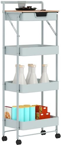 HOMCOM Carrito Auxiliar con Ruedas de 4 Niveles Carro de Cocina con 1 Cajón y 3 Cestas Carrito Organizador para Dormitorio Salón Oficina Verde Claro