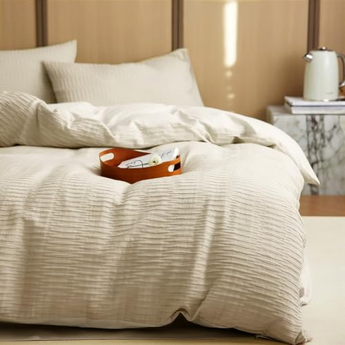 Seersucker Bettwäsche 155x220 Beige Chic Bettbezug mit Kissenbezug 80x80 | Sommerbettwäsche Set, Modern, Kühlende, Strukturiert, Sommer, Atmungsaktiv, Leicht, Microfaser, Reißverschluss, Einzelbett