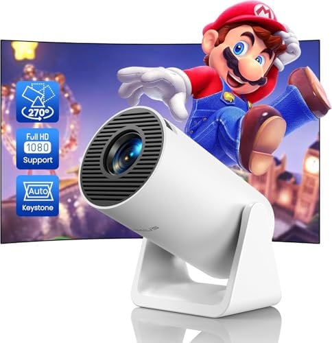 Mini Beamer【Automatische Trapezkorrektur】 WiFi Bluetooth Beamer Klein Unterstützung 1080P, 270°drehbar WiMiUS Kurzstreckenprojektion Beamer Heimkino Outdoor für iPhone/Andorid/Laptop/Tablette Weiß