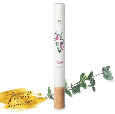 MOMENTU® Taufkerze personalisiert Holzelement Florales Kreuz Rosa/Lila Ø4 x 40 cm - [Docht] Taufgeschenk für Mädchen, Pink, Rosa, Lila, modern, selber machen, selber gestalten, Blüten, Blätter