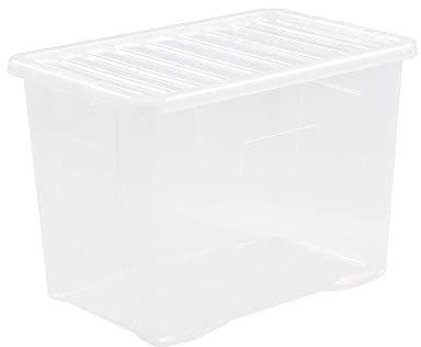 Wham Crystal Plastic Storage Boxes With Lids Home Office Stackable Nestable Container Box, 80L Easy fit Underbed Protective Storage Box, 60 x 40 x 42 cm - Tint Clear (Set of 4)