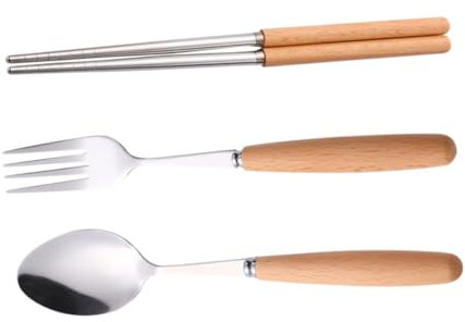 SOLUSTRE Edelstahlbesteckset Mit Holzgriff Inklusive Gabel Löffel Und Essstäbchen Servierset Für Haushaltsgeschirr Geeignet Für Abendessen Und Feiern