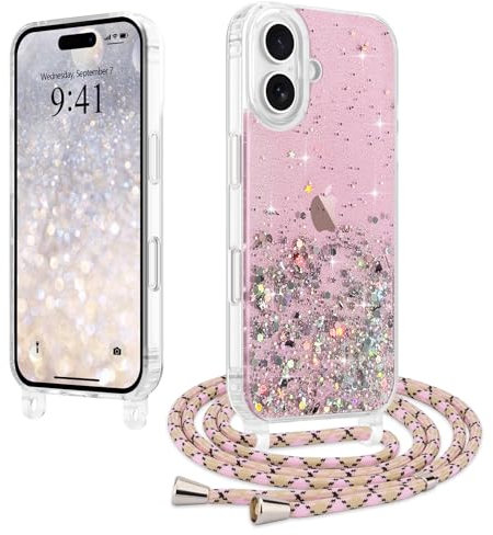 LCHULLE for iPhone 16 Case,Adjustable Crossbody Lanyard Phone Case with Strap,Women Girls Cute Clear Necklace Bling Glitter Sequin Cover for iPhone 16 6.1,Pink