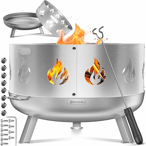 KESSER® Feuerschale mit Funkenschutz Ø70cm | Feuerkorb aus legiertem Stahl | Feuertonne inkl. 42cm Feuerhaken aus Gusseisen, Wasserablauf & 2 stabile Griffe | Holz & Kohle Feuerstelle für Lagerfeuer