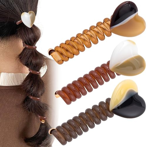 SmallCat 3PCS Spiral Hair Ties with Heart, 3 Colors Heart Phone Cord Shape Hair Bands, Elastic Rubber Ponytail Holders for Women, No Crease Hair Accessories for Long Curly Hair
