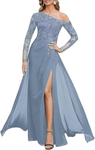 ZOOYYUE Damen Chiffon Pailletten Brautmutterkleider Lang - Langarm Abendkleider Spitze Mutter Der Brautkleider Mit Schlitz