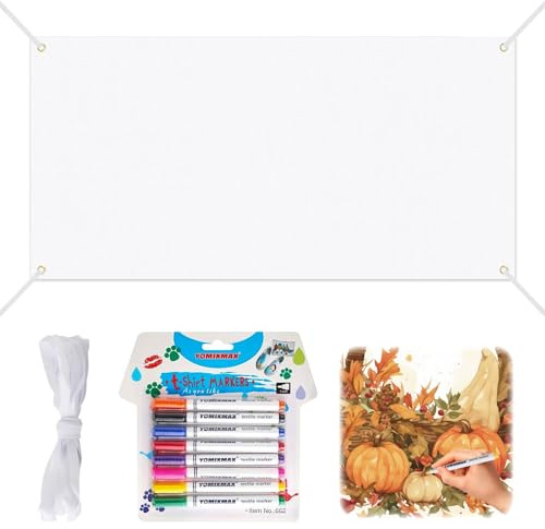 2 striscioni vuoti grandi, 200 x 100 cm, poster bianco | Poster fai da te con 8 pennarelli in tessuto colorati e 6 m di corda da appendere, tela da dipingere per compleanni e