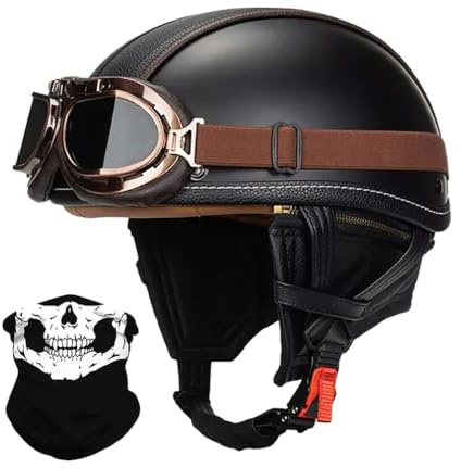 Yirunfa Demi Casque De Moto avec Lunettes Léger Casque Jet Rétro, Demi-Casque Moto Cuir Vintage Homologué ECE, Boucle à Dégagement Rapide Réglable Casque Ouvert pour Scooter Vélo Cruiser