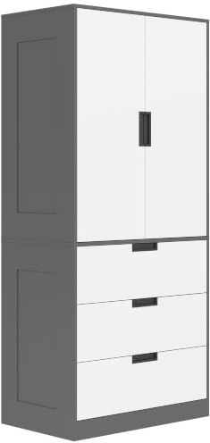 HOMCOM Armoire Chambre Penderie Dressing 80x50x180cm Gris et Blanc | 2 Portes à Fermeture Douce, 3 Tiroirs, Barre de Suspension, Armoire à Vêtements, Style Moderne, pour Chambre à Coucher