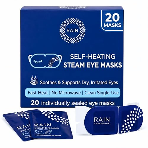 Rain Self Heating Steam Eye Mask for Dry Eyes - Warming Eye Compress with Moist Heat Therapy - Disposable Hot Compress Relief for Stye Treatment, Eye Fatigue & Dry Eye Relief (20 Pack)