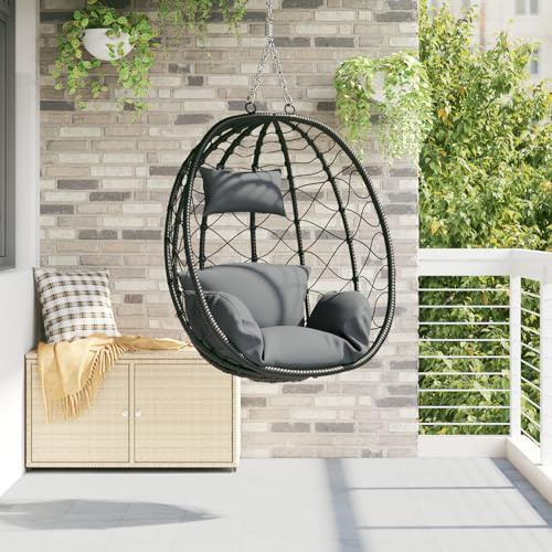 Hängesessel Korb ohne Gestell Anthrazit Poly Rattan, 1 Stück, wetterfester Outdoor-Sessel mit weicher Polsterung für Garten, Terrasse und Balkon, modernes Design, Stabiler