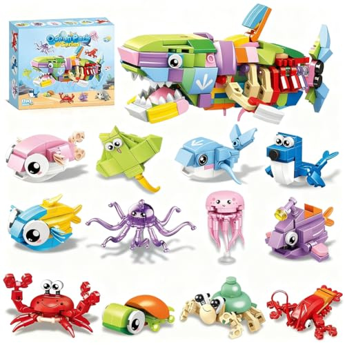 KMFASVX Klemmbausteine Meerestier, Bausteine Meerestiere Set, 12pcs 3 IN 1 Mini Baustein Set, Tiere Bausteine, Building Blocks für Jungen Mädchen Ostereier Mitgebsel Kindergeburtstag Gastgeschenke