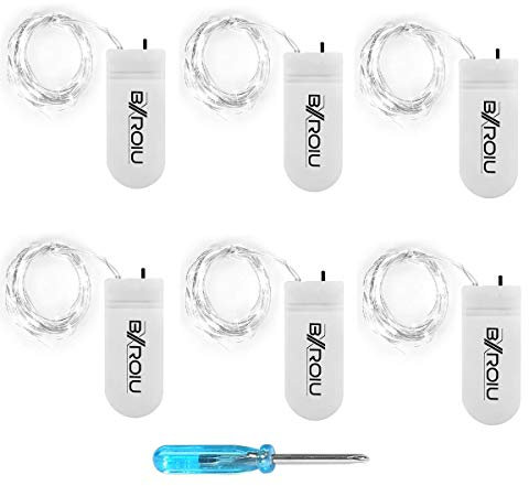 BXROIU 20er Micro LED Lichterkette mit CR2032 Batterie betrieb Auf 2 Meter Silberdraht für Party, Garten, Weihnachten, Halloween, Hochzeit, Beleuchtung Deko (Kaltes Weiß, 6 Stück)