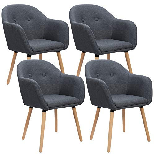 WOLTU Esszimmerstühle 4er Set Küchenstühle Wohnzimmerstühle Polsterstühle, Armlehnstühle mit Rückenlehne, für Esszimmer, Küche, Wohnzimmer, Leinen, Gestell aus Massivholz, Dunkelgrau, BH94dgr-4