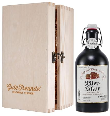 Birkenhof Bier-Likör im Tonkrug mit Geschenk-Holzkiste